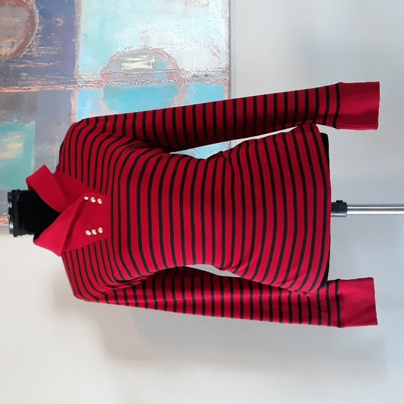 Chaps by Ralph Lauren Highland Red & Black Striped Shawl Collar Top Size L / NWT - Picture 3 of 14